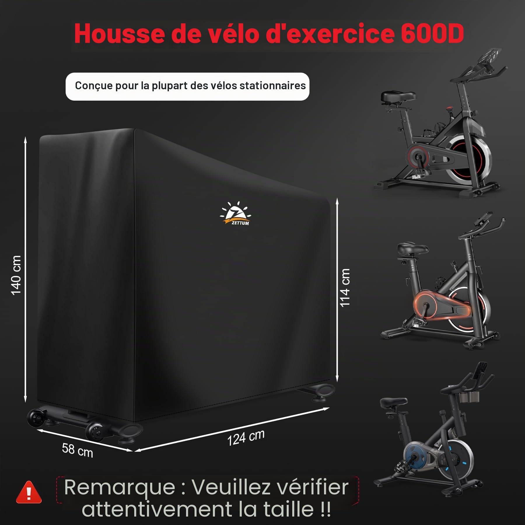 Zettum Housse de vélo d'appartement 600D en polyuréthane imperméable pour le rangement à l'extérieur, housses de vélo robustes pour Merach, Wenoker, vélo droit, vélo elliptique, protection contre les