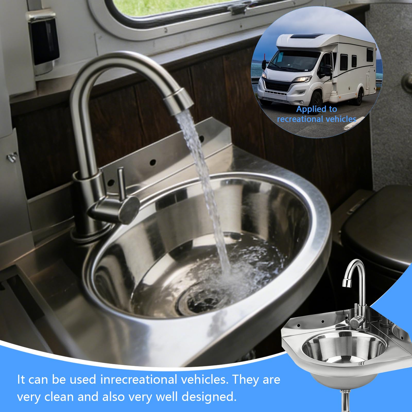 Lavabo Esquinero, Lavabos de Montaje en pared Lavabo Triangular Pequeño De Acero Inoxidable 260 Mm Montaje En Pared Juego, Con Grifo Desagüe Y Mangueras, Para Autocaravana Camper Barco Baño WC Garaje