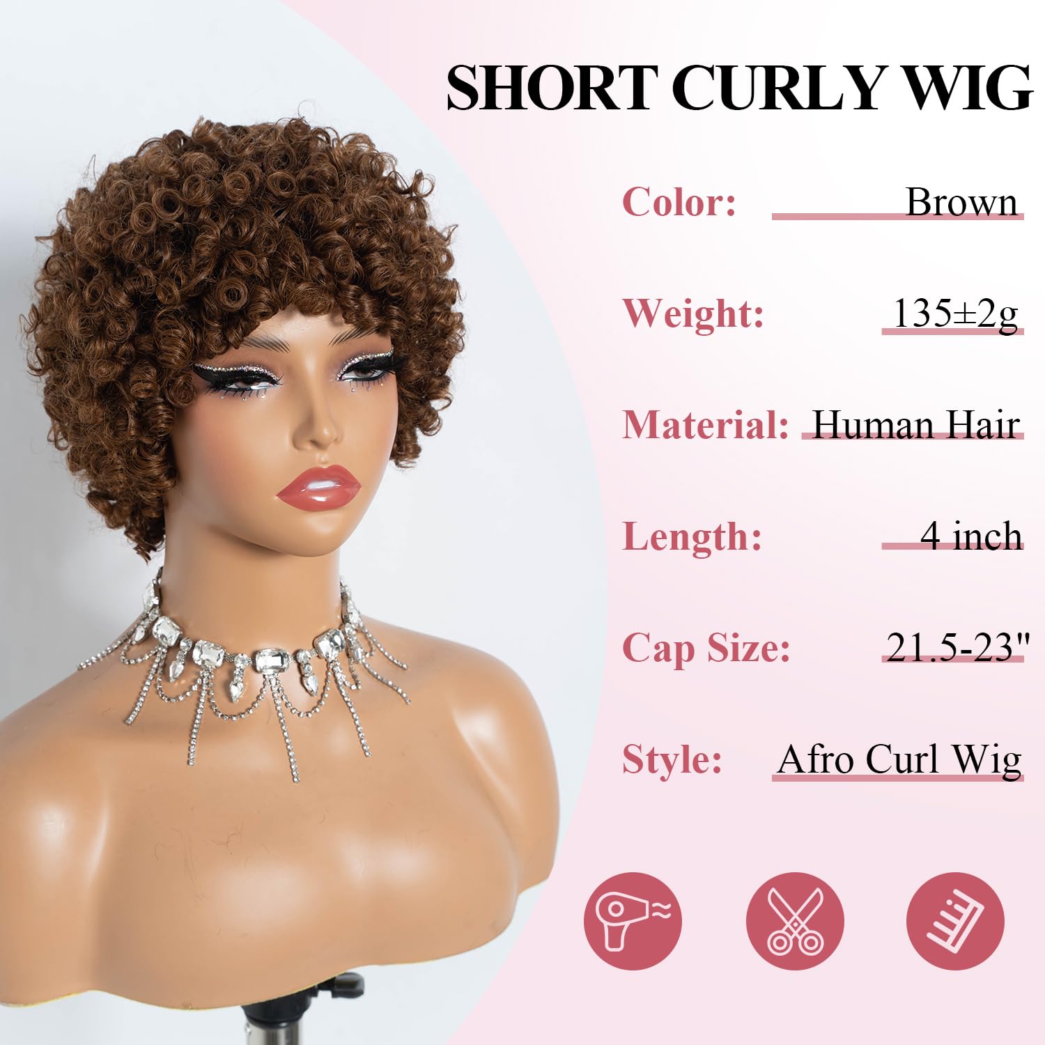 Style Icon Short Afro Curly Hair Wig for Black Women Human Hair Pixie Cut Afro Curl Wig Full and Fluffy Natural Looking Glueless Wear to Go Brown Color (30) - Image 3