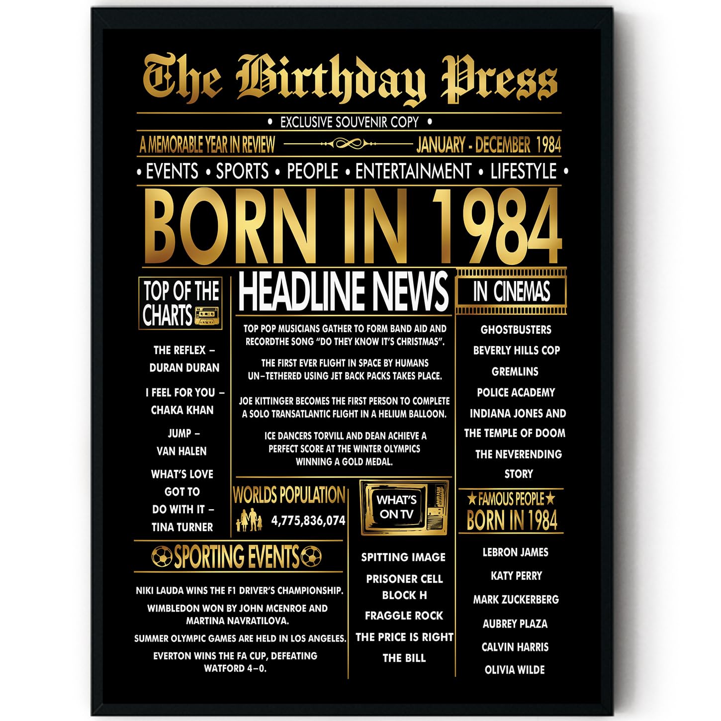 Stuff4 Gold 42nd Birthday Poster Framed - Golden Born In 1984 Newspaper - Happy 42 Birthday for Men Women Retro Vintage Gifts Back In 1984, 8x10 Inch Bday Party Decor Decoration