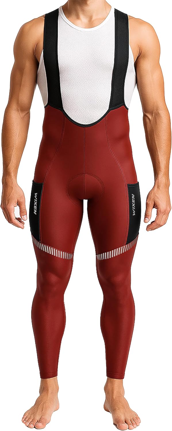 WIXEN Men’s Winter Cycling Bib Tights Thermal Fleece 3D Padded Bike Bib Pants with 4 Pockets