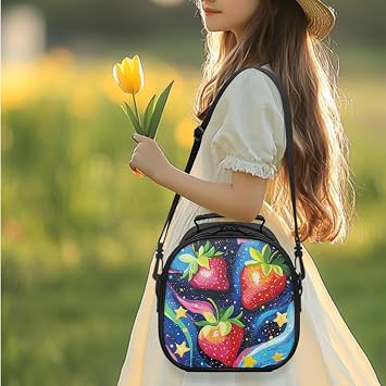Pinupub Colorful Galaxy Strawberry Backpack And Lunch Box Set for Girls Funny Graphic 17 Inch Sturdy Student Bookbag with Insulated Lunch Bag Kids Soft Zipper School Backpacks