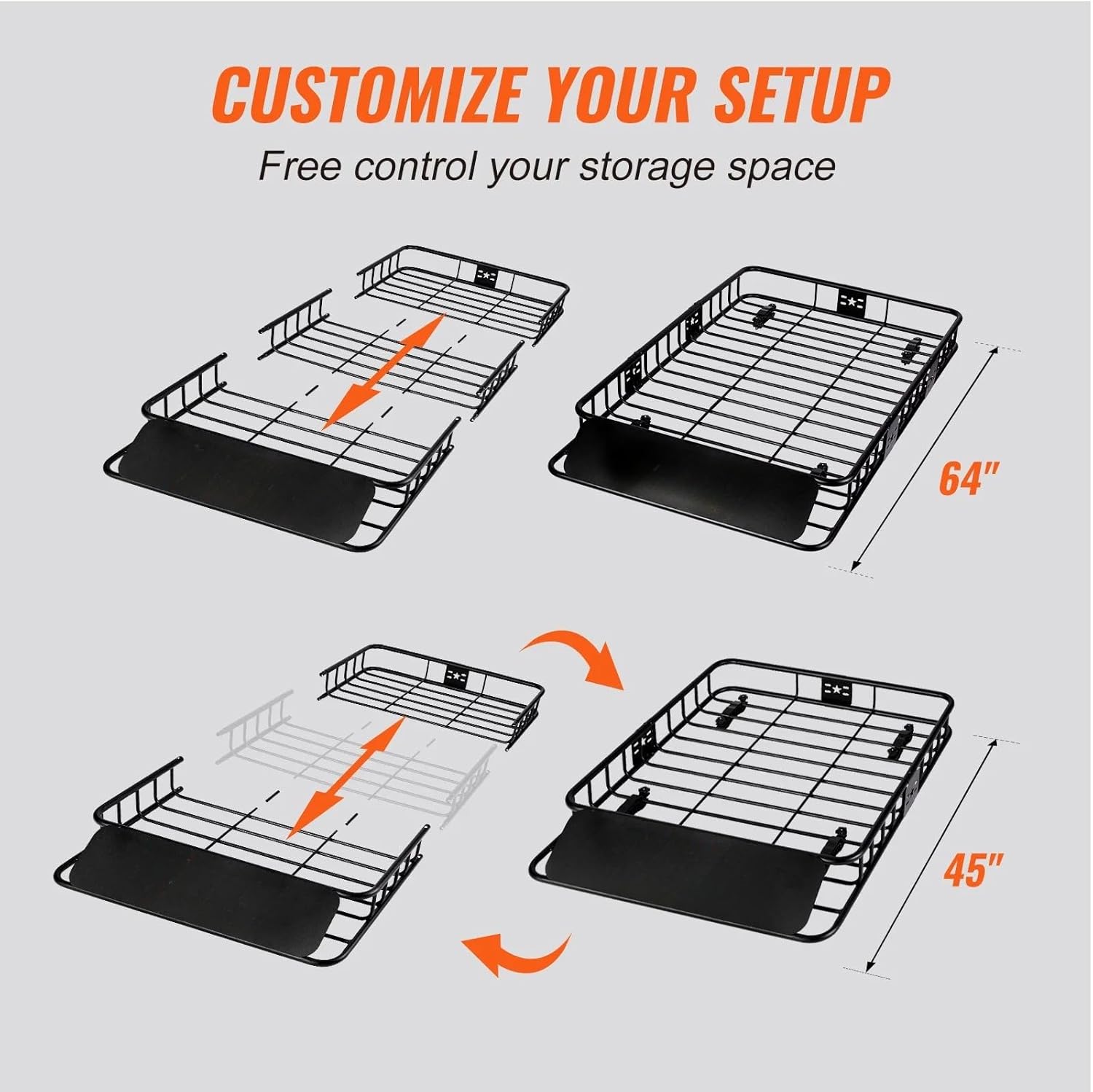Roof Rack Cargo Basket, 64"" x 39"" x 6"" Rooftop Cargo Carrier with Extension, Heavy-Duty 200 LBS Capacity Universal Roof Rack Basket, Luggage Holder for SUV, Truck, Vehicle