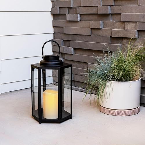 Miniatura 6 de Linterna grande para exteriores para patio, 14 pulgadas, metal negro y vidrio, vela de pilar impermeable, temporizador del atardecer al amanecer,