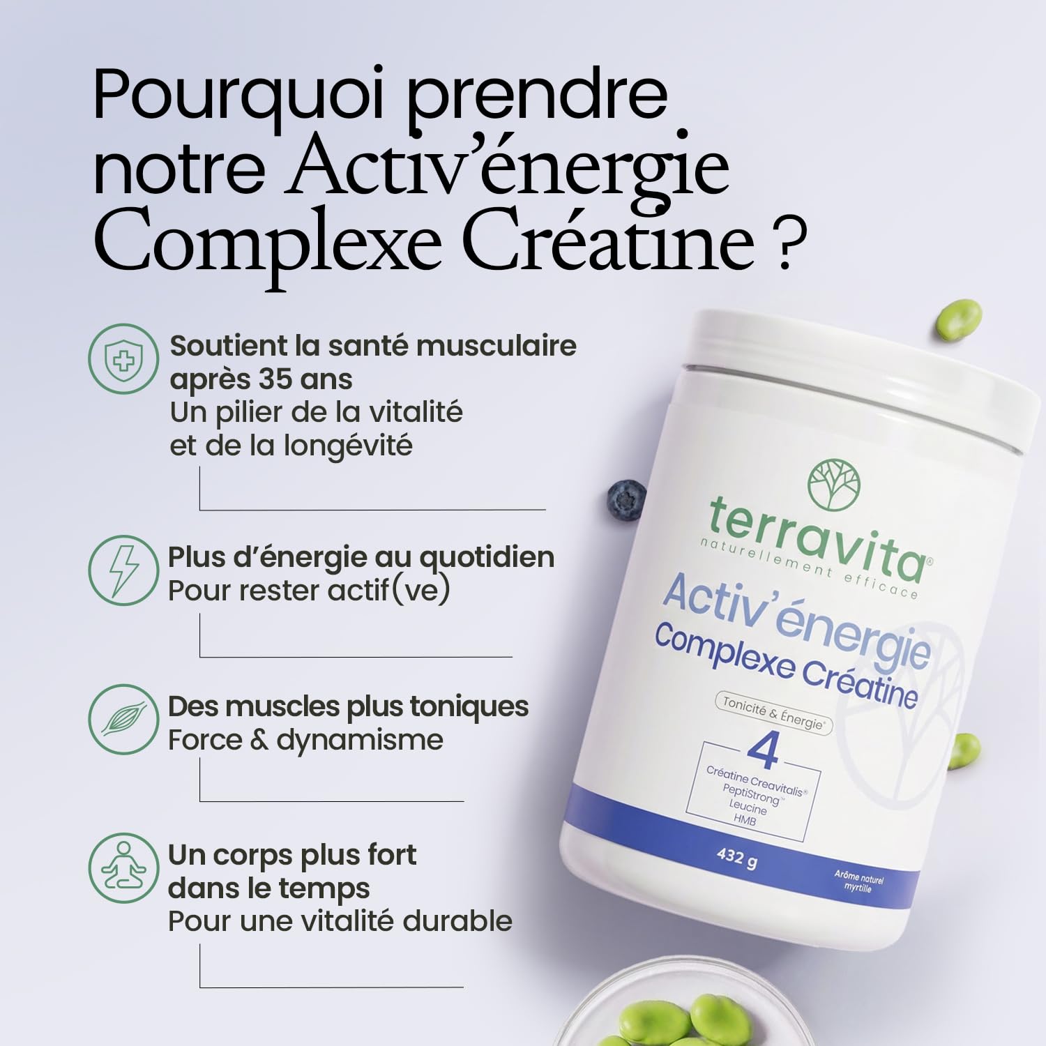 ACTIV’ENERGIE Complexe Créatine | 4 Actifs Brevetés | Force - Tonicité - Énergie | Dosages Cliniques | Efficacité Prouvée + 19,7% de Force Musculaire en 8 semaines | Fabriqué en France | Terravita