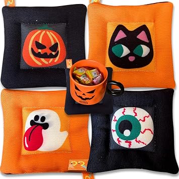 Handmade Halloween Coaster Set, Absorbent Table Mat, Heat-Resistant Drink Coasters with Black Cat, Pumpkin, Ghost, and Eyeball Designs,Perfect Spooky Table Decor Gift for Halloween Party.