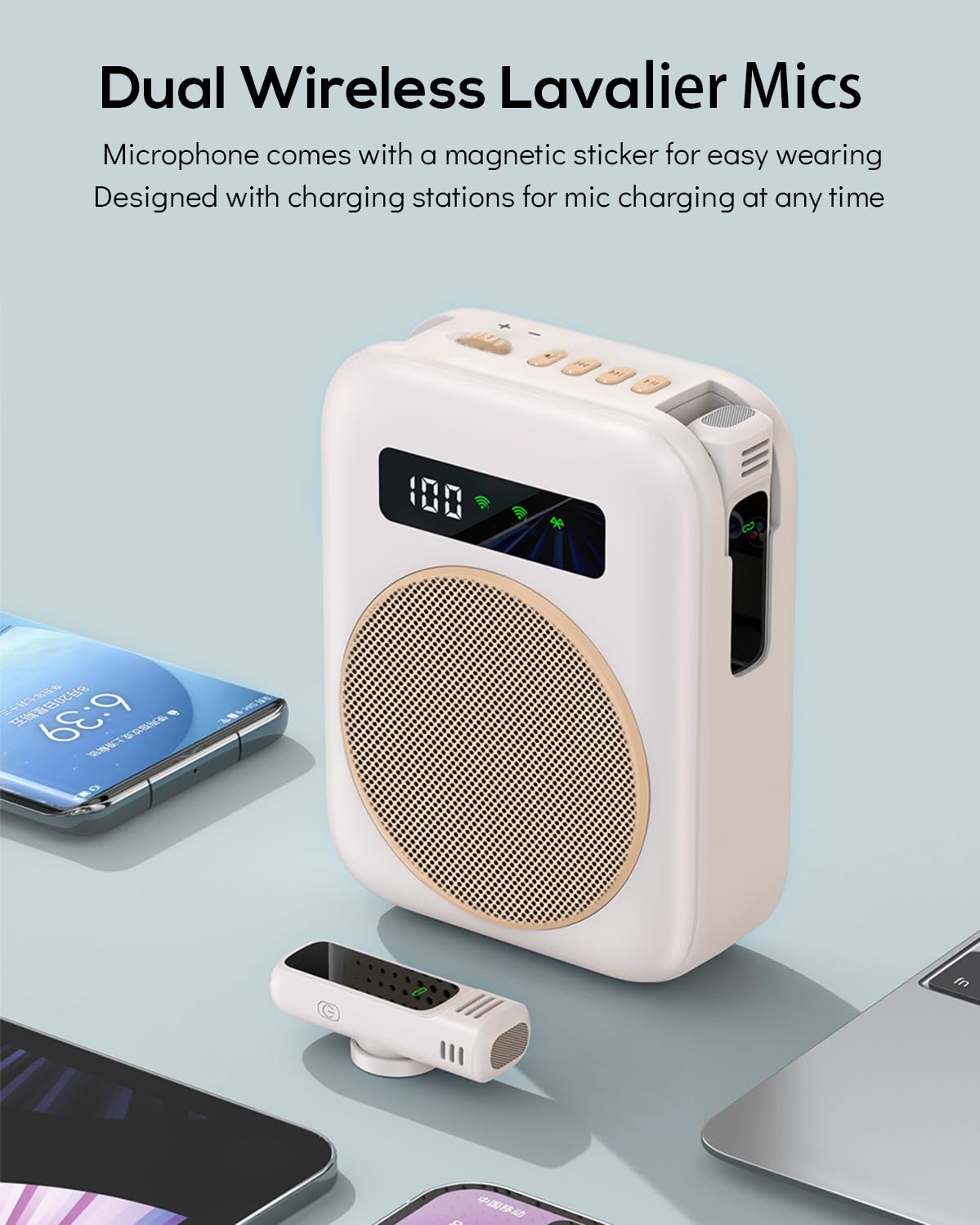 Amplificatore Vocale Portatile per Insegnanti, Amplificatore Vocale Bluetooth con Microfono lavalier senza fili Sistema PA Ricaricabile per Insegnamento, Istruttori di Fitness (Beige)