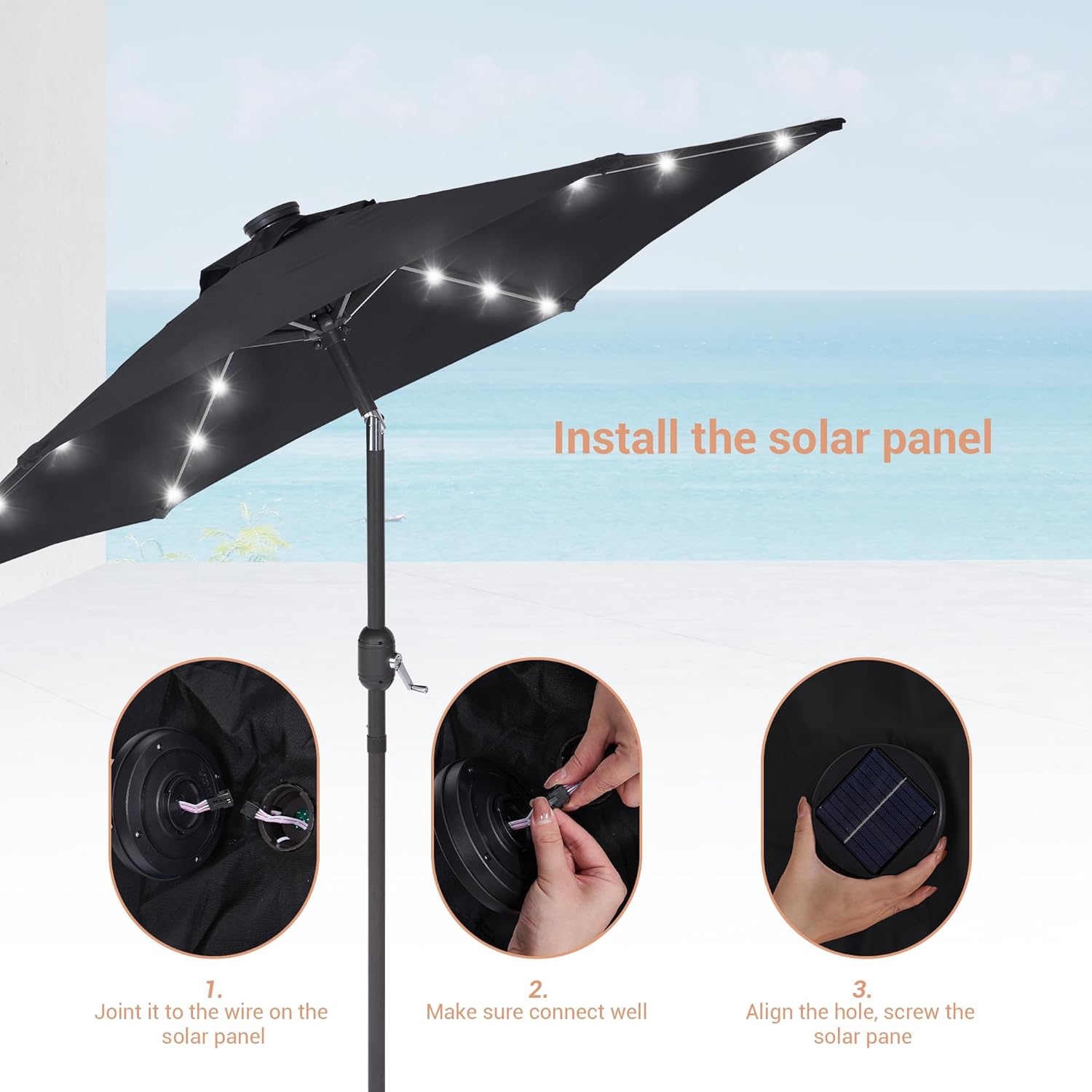 7.5ft Solar Patio Umbrella, Steel umbrella outdoor patio with Tilt and Crank, Waterproof Sunshade Canopy, 6 Ribs Outdoor Umbrella for Garden Deck Backyard Pool,Black