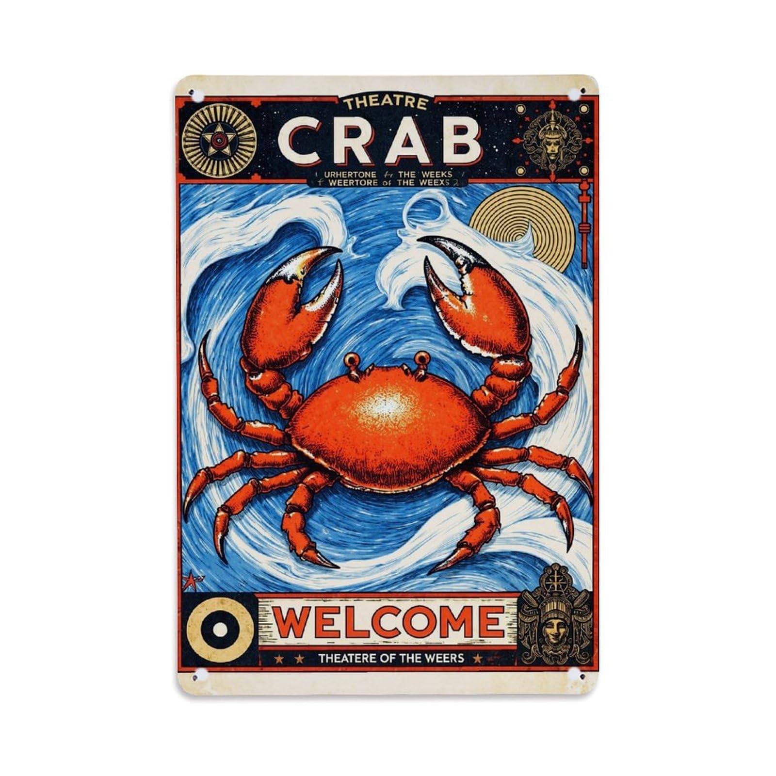 Jdfenggu Vintage Crab Theatre Welcome Poster Retro Metal Tin Sign, Metal Poster For Bar, Home, Man Cave, Kitchen, Laundry Room Art Decor 8X12 Inch