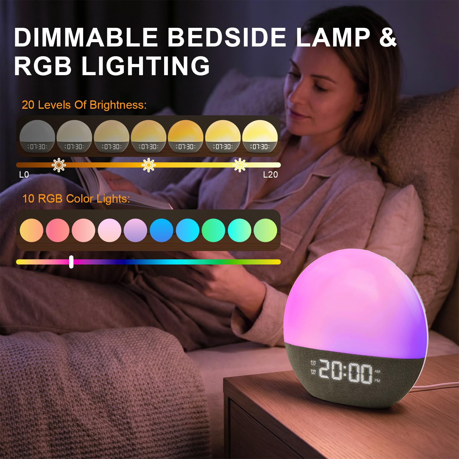 Sunrise Alarm Clock, Despertador Luz Natural, 10 Luces de Colores, 24 Sonidos Naturales