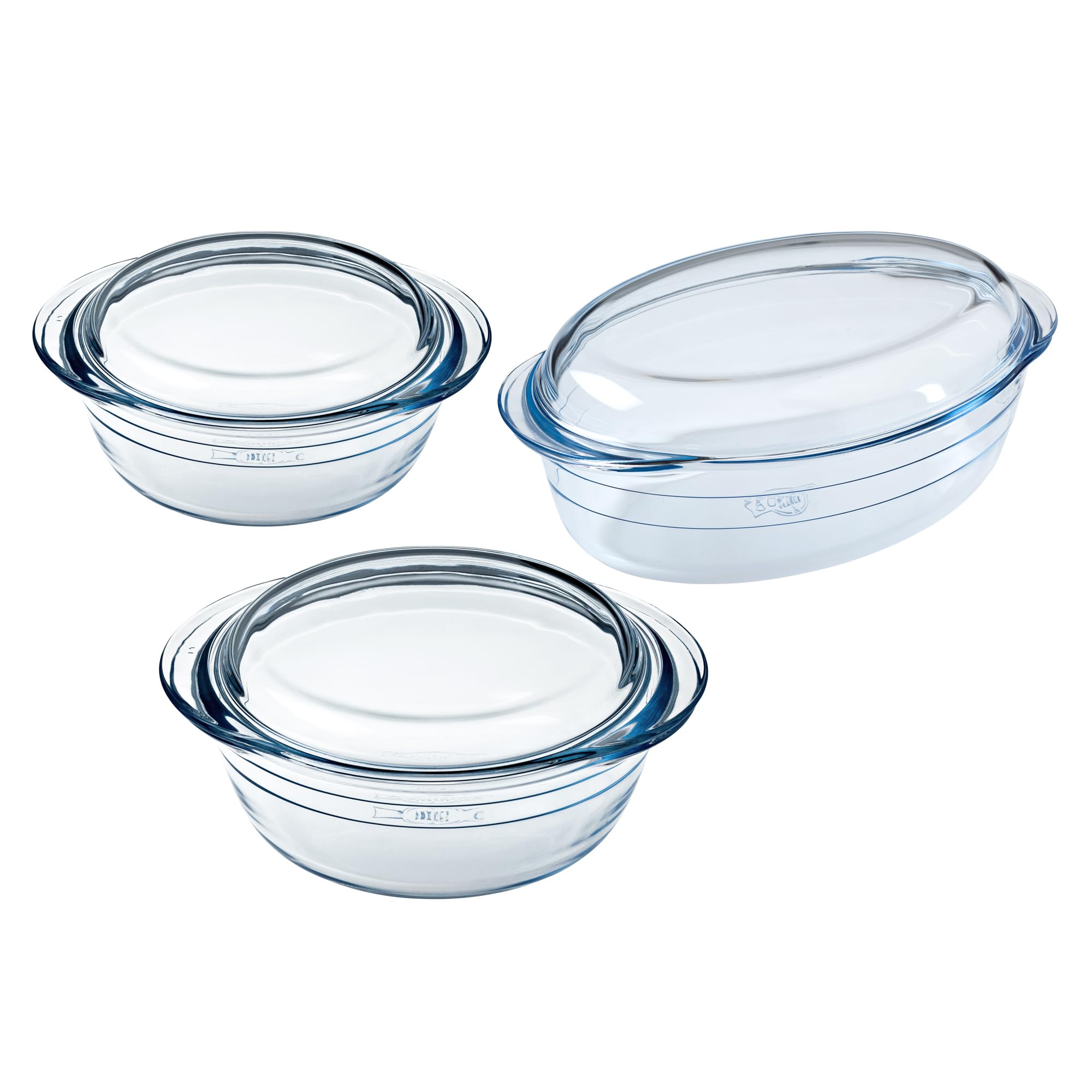 Ôcuisine® Casserole Glass Round Dishes with Handles Oven Safe - Freezer Safe - Microwave Safe Borosilicate Glass Made in France (Set Round 2.1LT + 3LT & Oval 4LT)