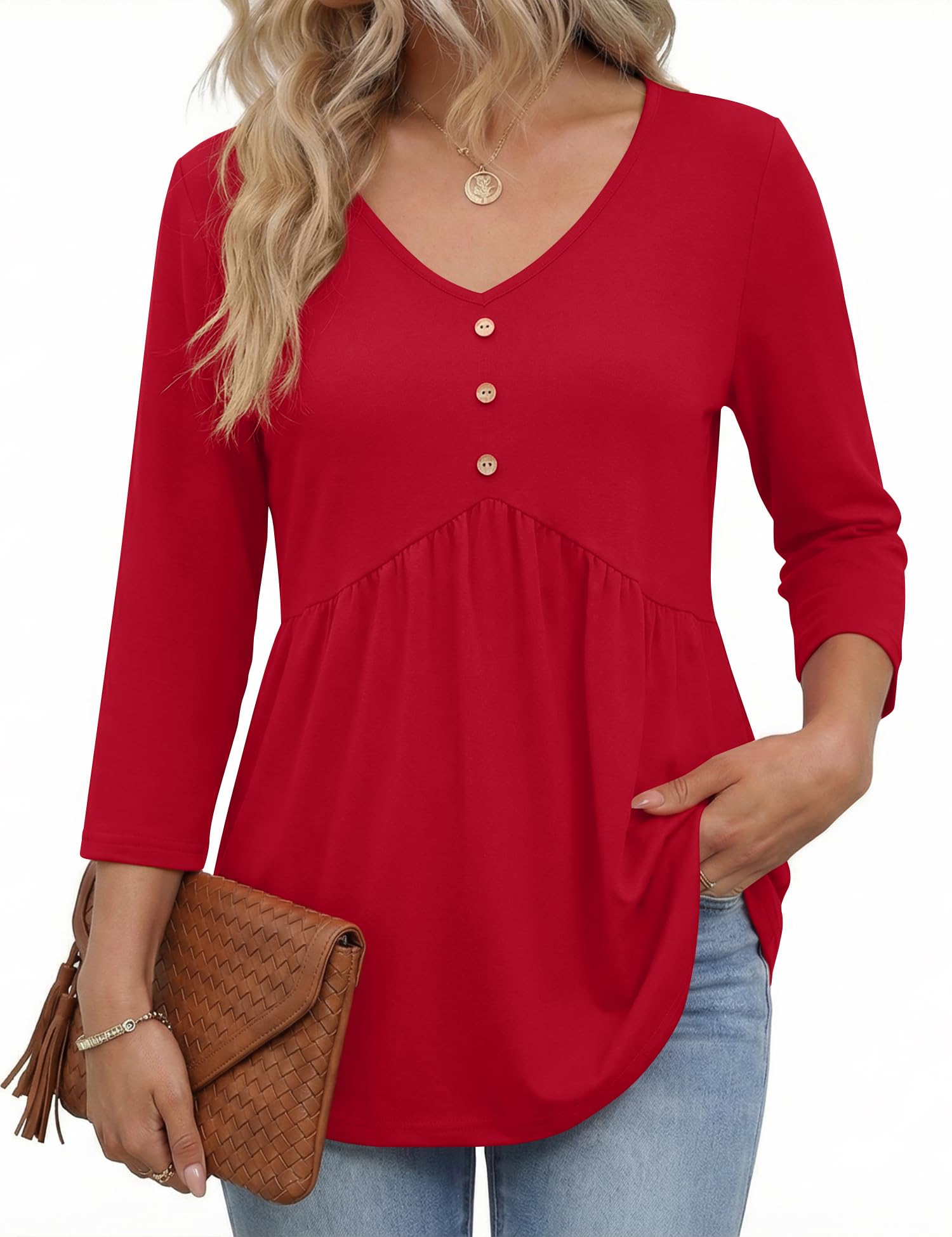 AKEWEI 3 4 Sleeve Babydoll Tops for Women V Neck Peplum Shirts Ladies Tunics and Blouses Dressy Casual