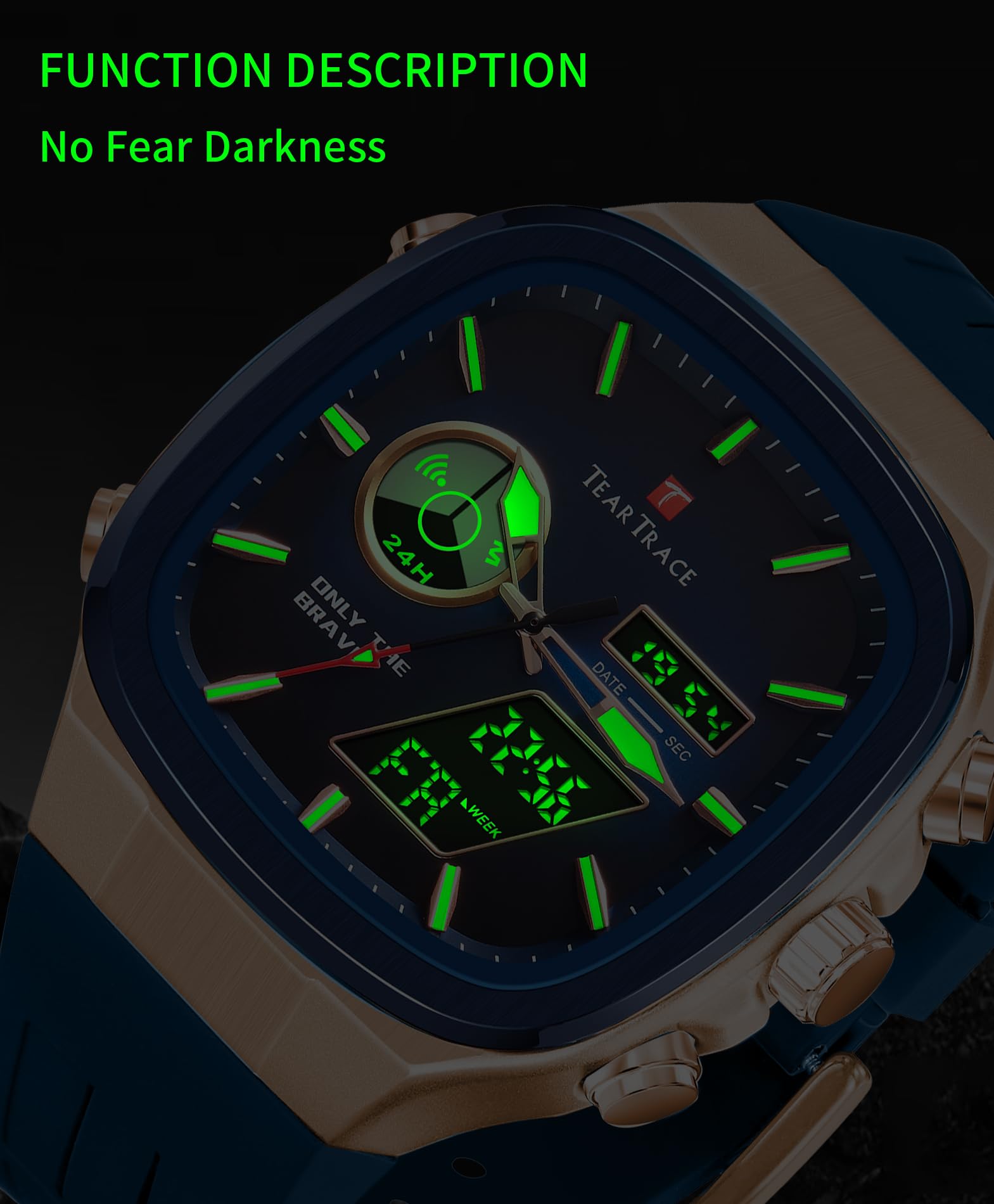 TEARTRACE Montre de sport pour homme - Analogique et numérique - Étanche - Chronographe - Alarme - Multifonctionnelle - Bracelet en silicone