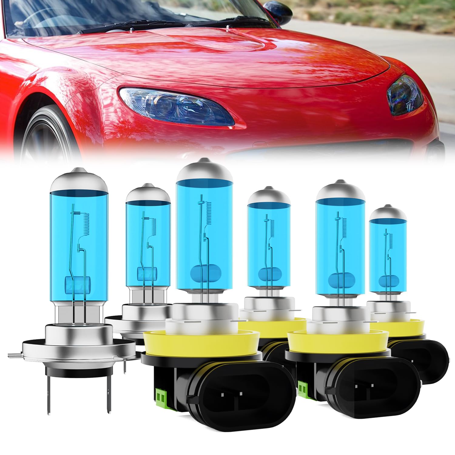 LECCIBUB Headlight Bulbs Fit For Mazda MX-5 MIATA 2006-2015, H11 High Beam + H7 Low Beam + H11 Fog Lights Halogen Bulb, 6000K White Light, Plug and