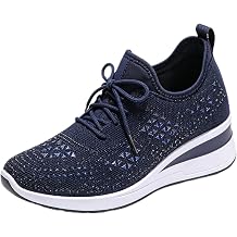 Glitter Rhinestone Wedge Sneakers with Lace-Up for Women Fashion Shiny Sequin Comfort Orthopedic Breathable Mesh Round Toe Soft Sole Tennis Walking Shoes