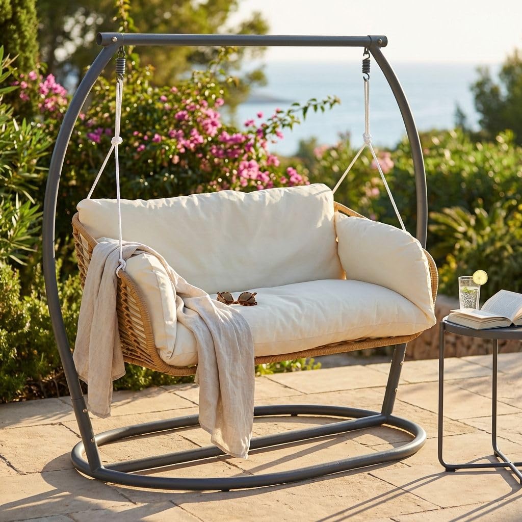 Milani Home - dondolo da giardino due posti in metallo con struttura, beige, per terrazzo e veranda