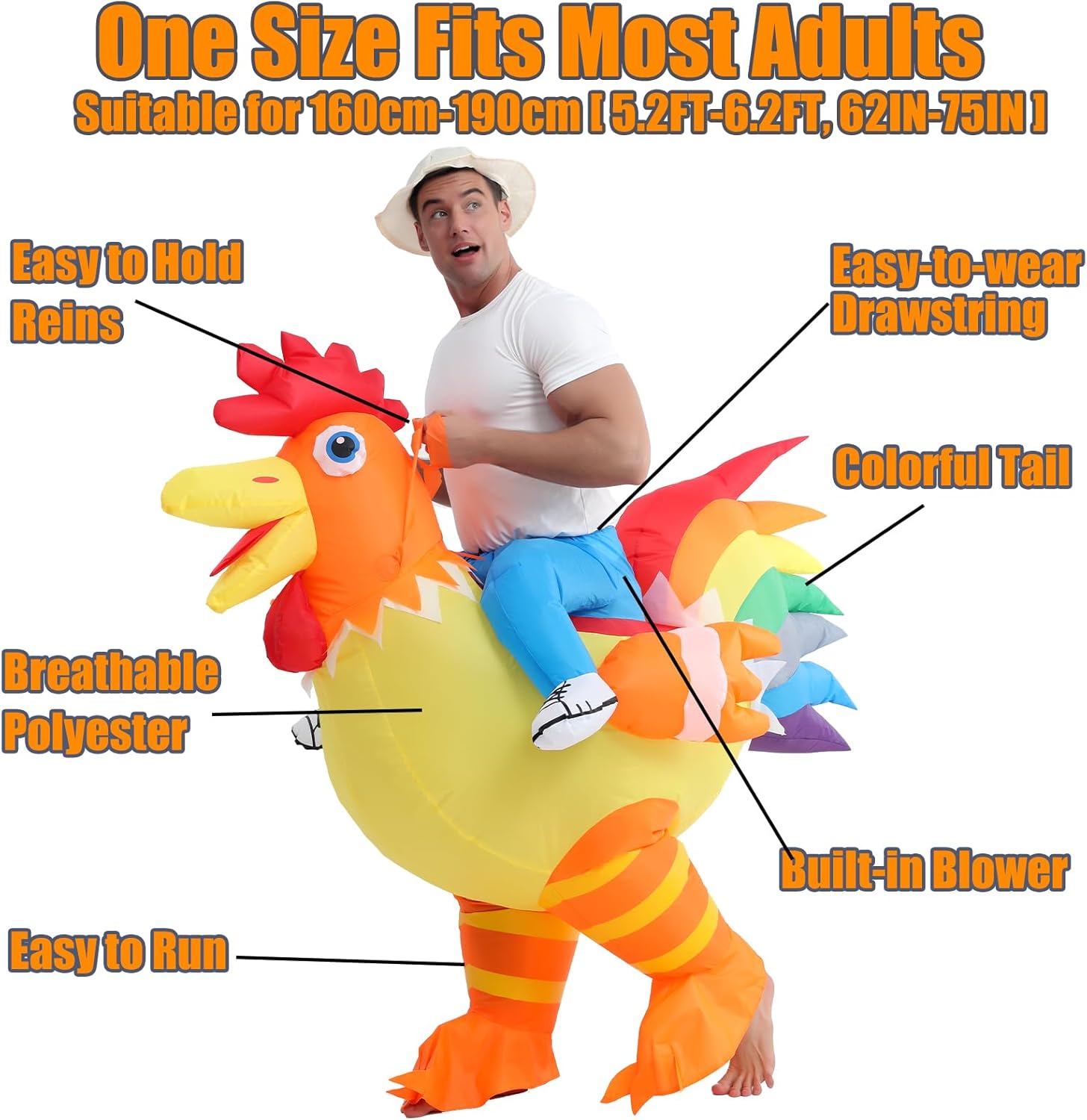 Inflatable Chicken Costume for Adult, Riding Rooster Suit, Air Blow Up Costumes for Men Women, Halloween, Christmas