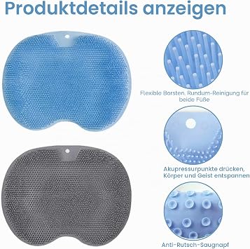Pack of 2 Silicone Foot Brush Sets Doormat Shower Non-Slip Foot Scrubber with Two Hooks for Cleans Exfoliating Massage (Grey Blue)