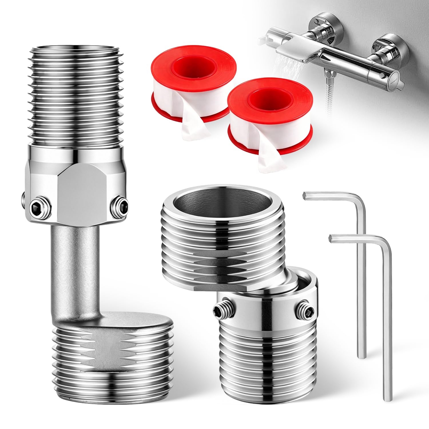 2 Piezas Adaptador Grifo Ducha en Acero Inoxidable 304,Aexcentricas Excentricas Grifo Ducha Ajustable Rotativo a 360° Adaptador de Baño Flexible en Forma S, Griferia Ducha para Baño Cocina y Lavabo