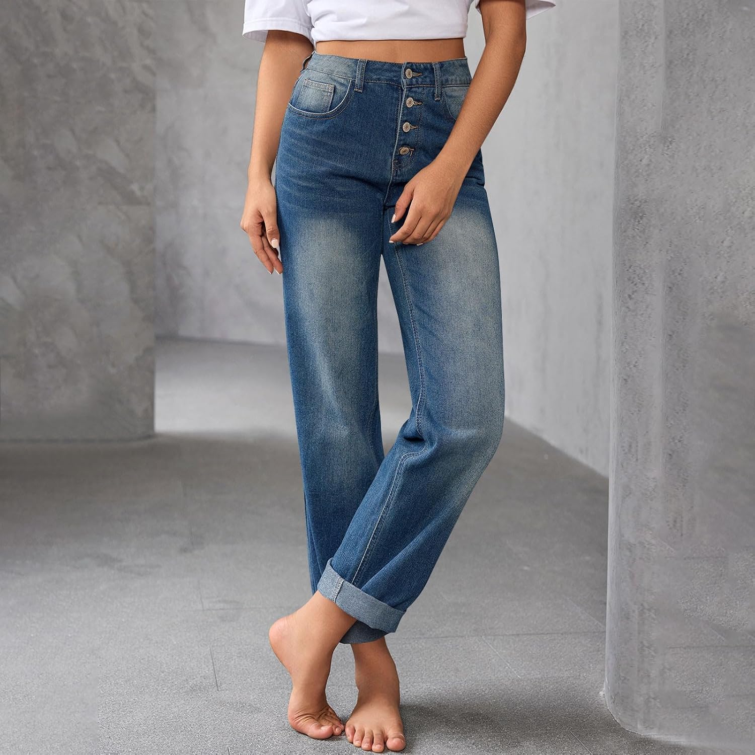 Baggy Wide Leg Jeans for Women Straight Leg Loose Stretchy High Waisted Denim Pants Casual Y2K Trousers with Pockets