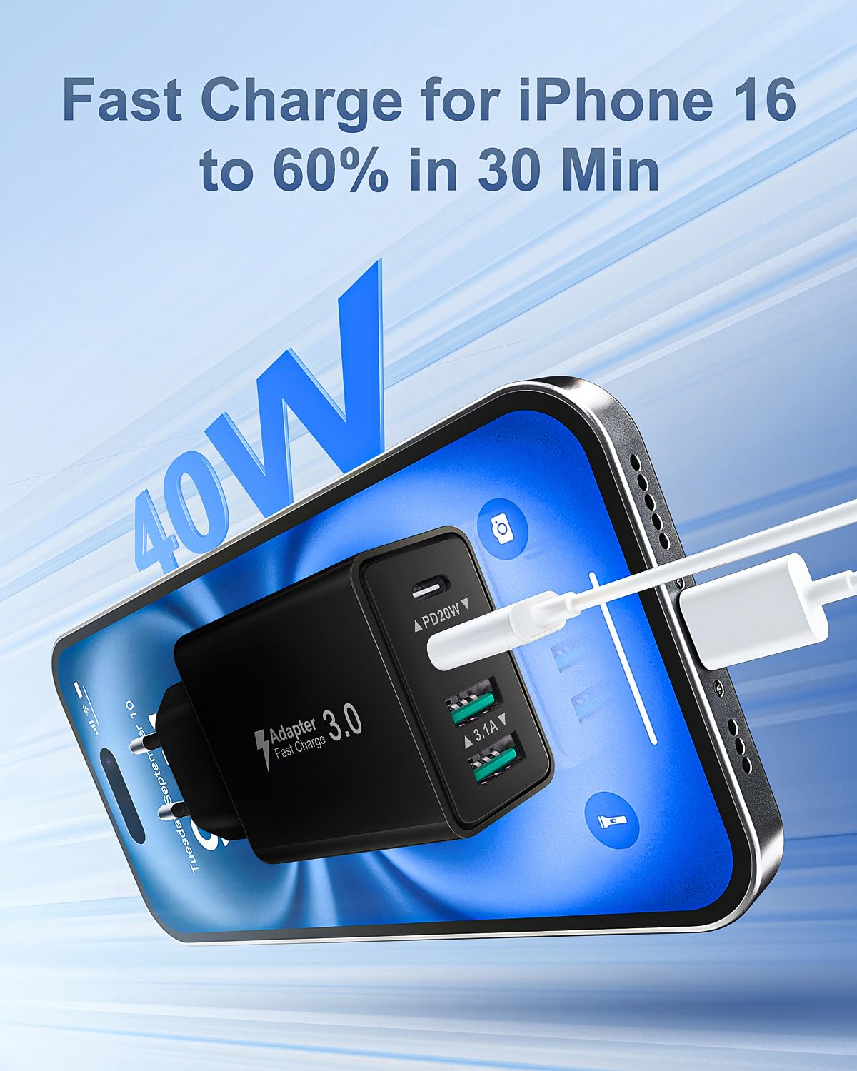 2-Pack Caricatore USB C Presa, 40W 4-Porto Multiplo USBC Caricabatterie Rapido Spina Alimentatore per iPhone 17 16 15 14 13 12 11 Pro Max,Samsung, iPad, Multipla Spinotto QC & PD Adattatore Carica