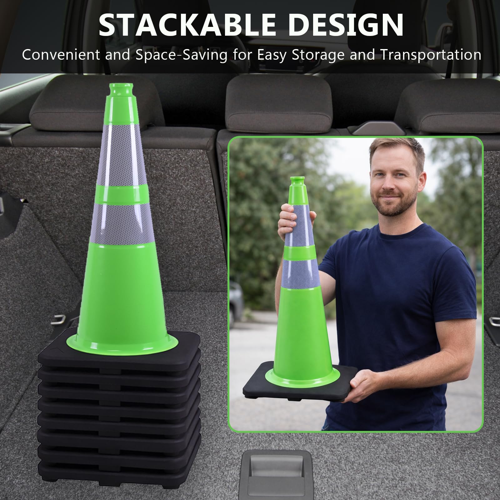 BESEA - Paquete de 8 conos de tráfico verdes de 28 pulgadas con collar reflectante de 6 pulgadas para construcción, calzada, estacionamiento de carretera (8 piezas)