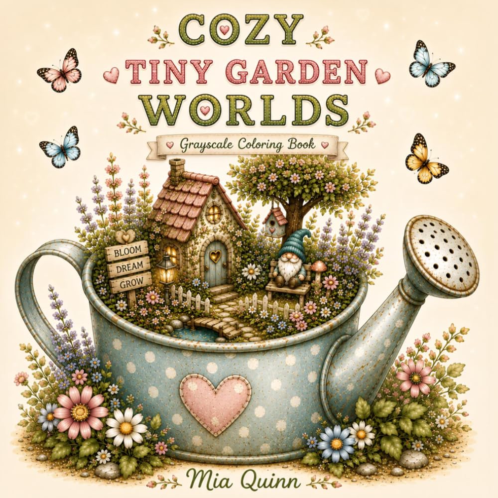 Cozy Tiny Garden Worlds Grayscale Coloring Book: 50 Coloring Pages of Cottagecore Gardens, Tiny Villages, Adorable Animals, Flower Shops, and Relaxing Cozy Scenes
