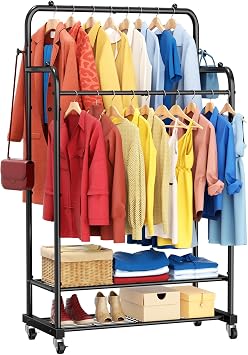 Double Clothes Rail Freestanding Clothing Rail on Wheels