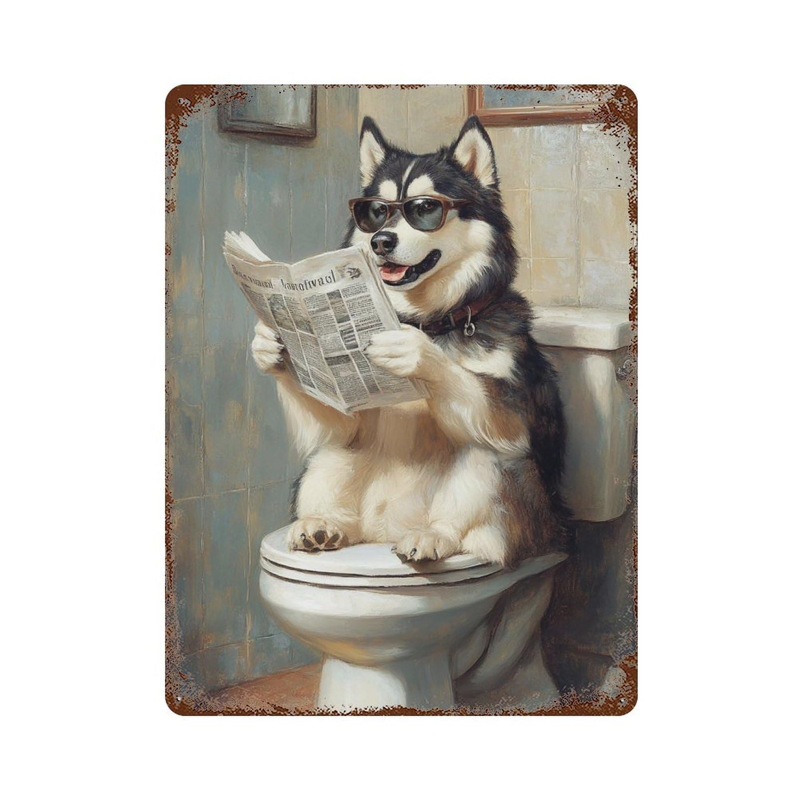 Weathered Tin Sign Dog Reading Newspaper on Toilet-9 15.7"x11.8", Rustic Home Decor for Basement, Hobby Room And Garage Decor