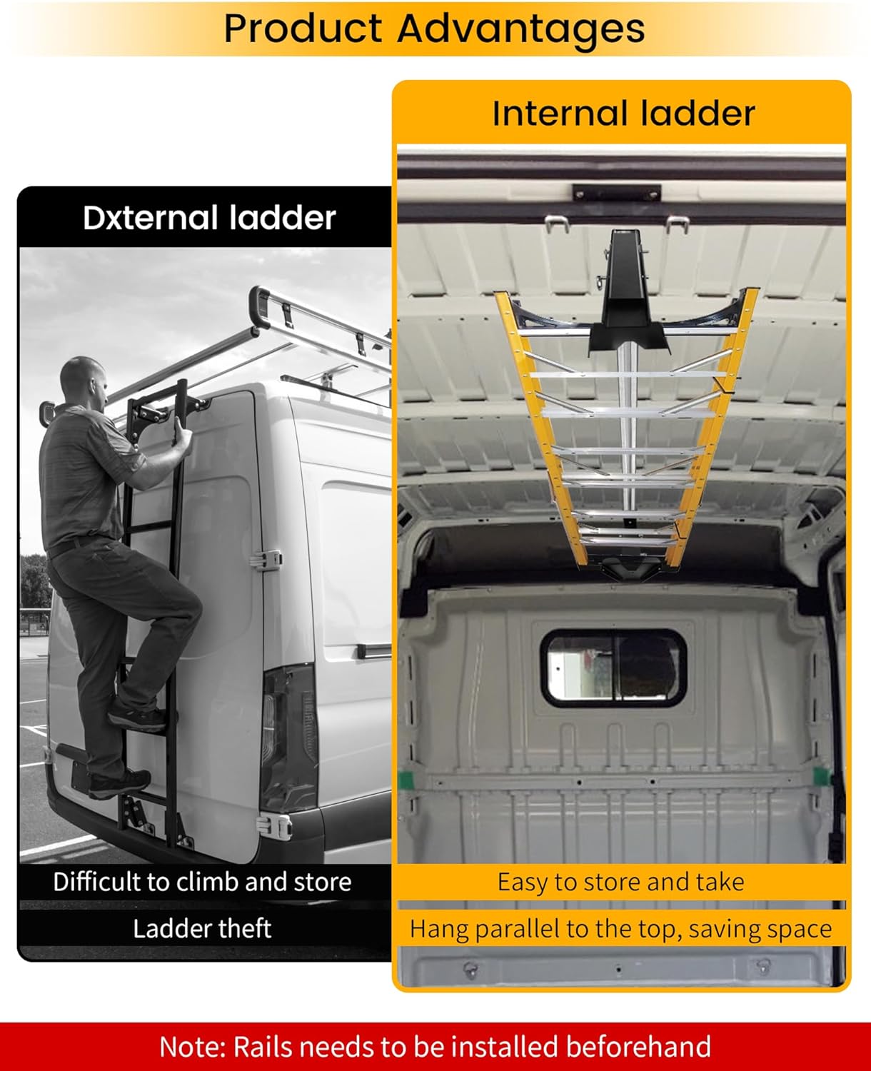 Van Interior Sliding Ladder Holder for Van & Truck Cap (Requires 1-5/8" x 13/16" Strut Channel), Overhead Ladder Storage System, Easy Ground Access, Secure & Adjustable Vehicle Internal Ladder Rack