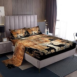 Manfei Deer Silhouettes Kids Sheet Twin Size,American Flag Retro Bedding Set,Girls Boys Adults Room Decor,Pine Trees Rustic Farmhouse Brown Vintage Bed Sheet Set 3pcs(Fitted + Flat + 1 Pillowcase)