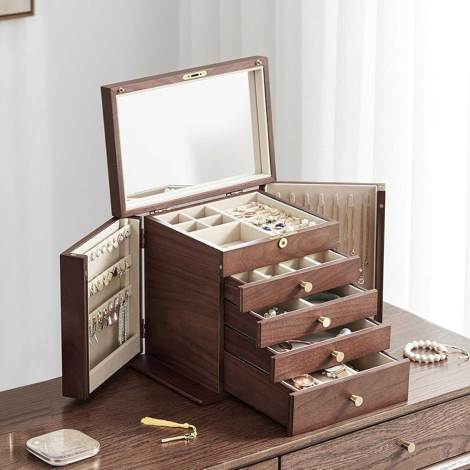 Drewniane pudełko na biżuterię z zamkiem dla kobiet, organizer w stylu vintage z lustrem, przechowywanie naszyjników, pierścionków i biżuterii, bezpieczny i elegancki design