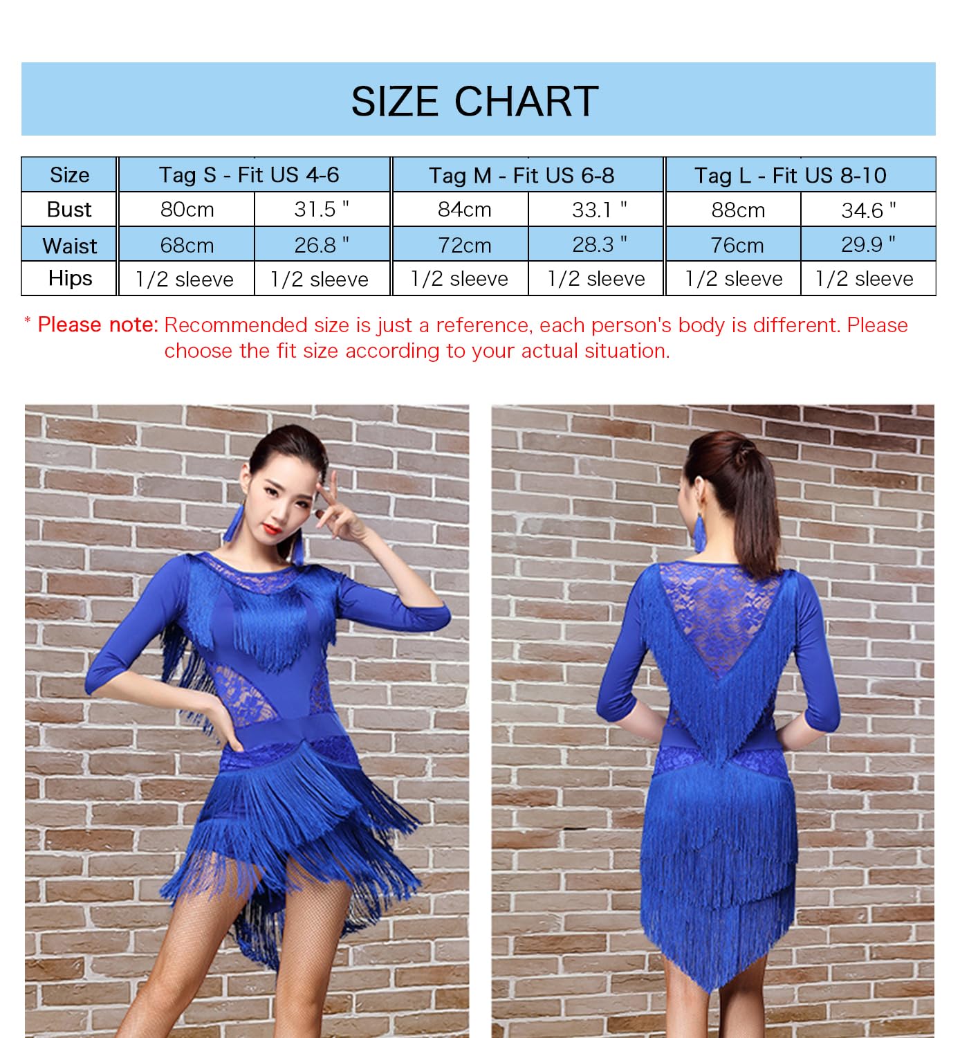 ZX Damen Latin Dance Kleid Spitze Ausschnitt 1/2 Arm High Low Fransen Salsa Tango Cha Cha Rumba Ballsaal Tanzkleid mit Shorts