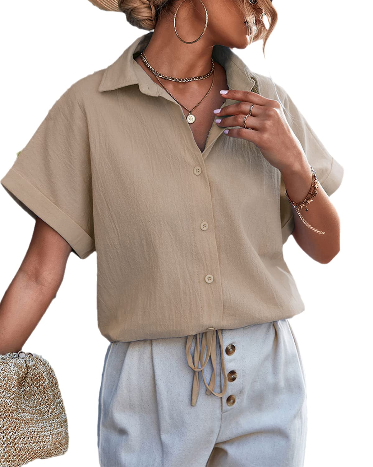Women Casual Solid Button Down Shirts Rolled Short Sleeve Collared Blouse Tops with Darwstring, Khaki, XL