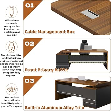 Executive Desk, L-shaped Office Desk With Drawers Storage Cabinet And Cable Grommet, 2.5cm Thick Wood Tabletop, Modern Executive Office Desk For Home Office Business Ceo Boss, Large Computer Desk