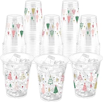 100Pcs Boho Christmas Tree Plastic Party Cups, 12oz Xmas Disposable Clear Cups for Christmas Party, Holiday Gatherings, Decorative Drinkware Supplies