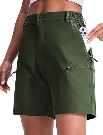 Haimont Womens 7" Lightweight Hiking Cargo Shorts | Quick-Dry Stretch, Water-Resistant Fabric, 4 Zip Pockets, Partial Elastic Waist, Trail & Travel