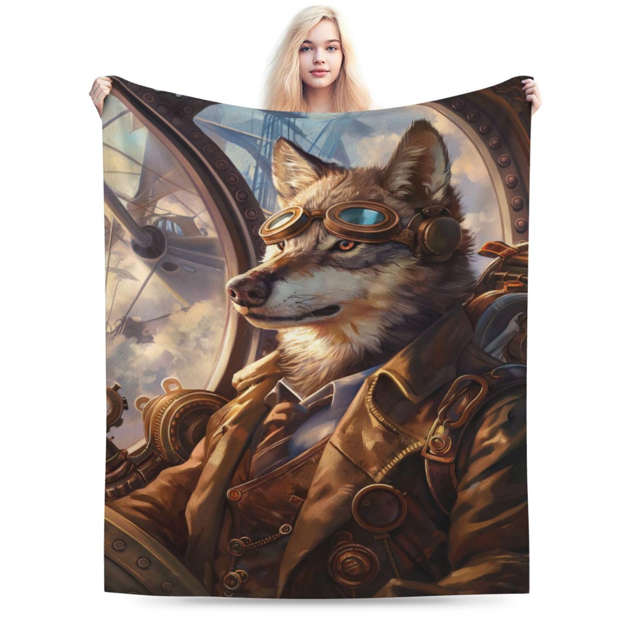 Steampunk Wolf Airship Captain Blanket, Soft & Cozy for Adults & Kids, Unique Birthday Gift Blanket, Perfect Home Decor Blanket, Ideal for Couch, Bed, Office, Travel, All-Season, 40"x50"