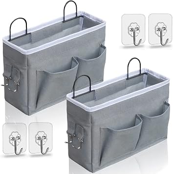 Kanrichu 2pcs Middle Wall Hanging Organizer Bag, Linen Fabric Door Hanging Storage Basket with Pockets, Waterproof Bin for Kitchen, Bedroom, Office, RV Camper Gray