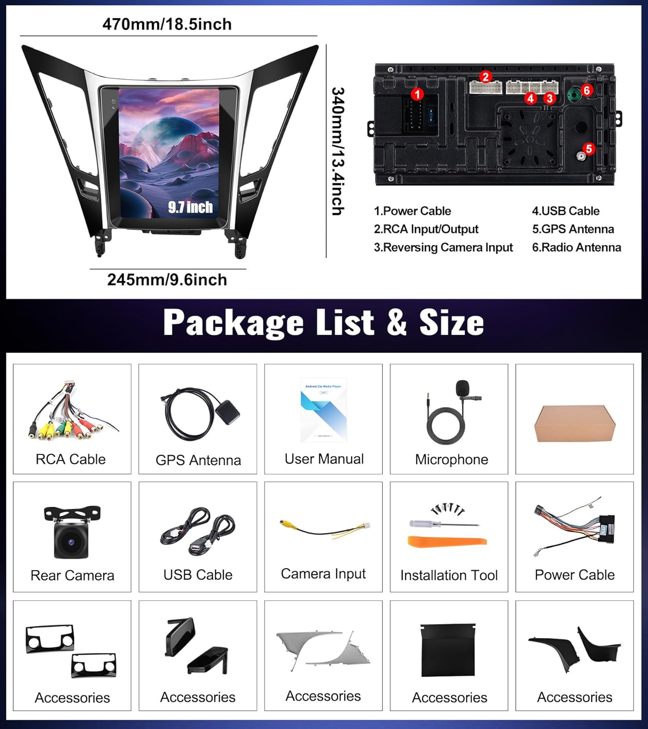 Diagram showing the package contents including RCA cable, GPS antenna, user manual, microphone, rear camera, USB cable, camera input cable, installation tool, power cable, and various accessories. The image also shows the main unit dimensions: 470mm (18.5 inches) wide and 340mm (13.4 inches) high.