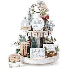 Thyle 16 Pcs Winter Tiered Tray Decor Set Hello Winter Snowman Snowflakes Wooden Sign Christmas Tiered Tray Decor Let It Snow Table Centerpieces Rustic Farmhouse Decoration for Table Home Kitchen Gift