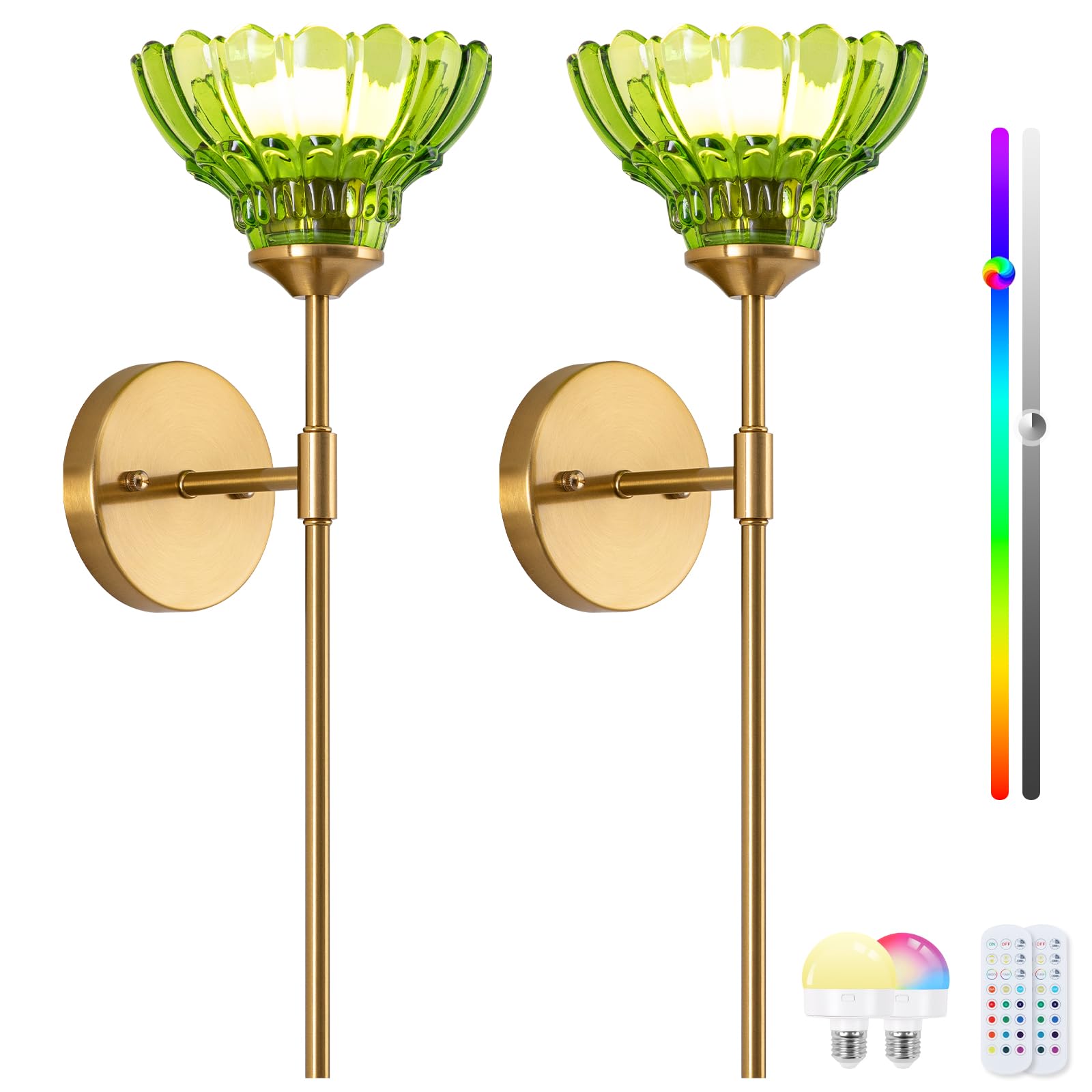 Vintage Battery Operated Wall Sconce Set of 2,Wireless Rechargeable RGB Wall Light，Green Glass Lampshade with Remote Control for Bedside Bedroom Doorway