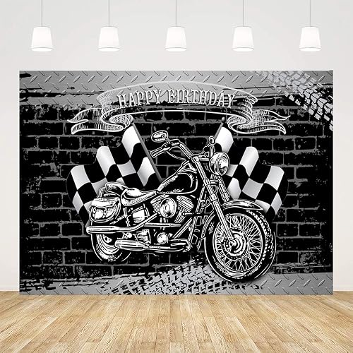 Ticuenicoa Motorcycle Birthday Party Backdrop for Photography Cool Black Motorcycle Black and White Flag Brick Wall Background for Men Birthday Party Decorations Photo Booth Props 7x5ft