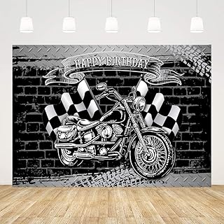 Ticuenicoa Motorcycle Birthday Party Backdrop for Photography Cool Black Motorcycle Black and White Flag Brick Wall Background for Men Birthday Party Decorations Photo Booth Props 7x5ft
