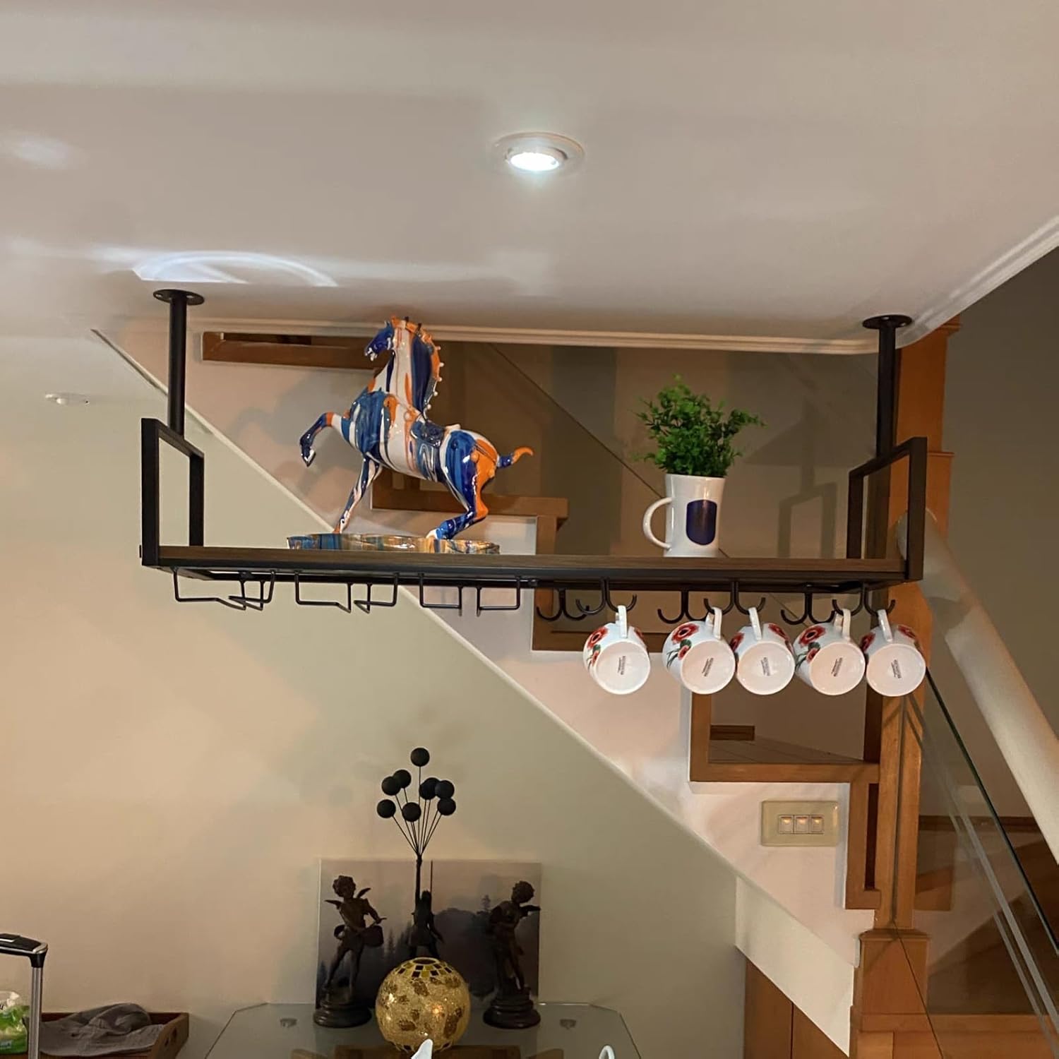 Wall Mounted Wine Rack | Metal Wine Shelf Ceiling Hanging Wine Bottle Holder | Hanging Black Metal Wine Glass Bottle Shelf | Floating Display Storage Racks for Kitchen Bar(80x30x60