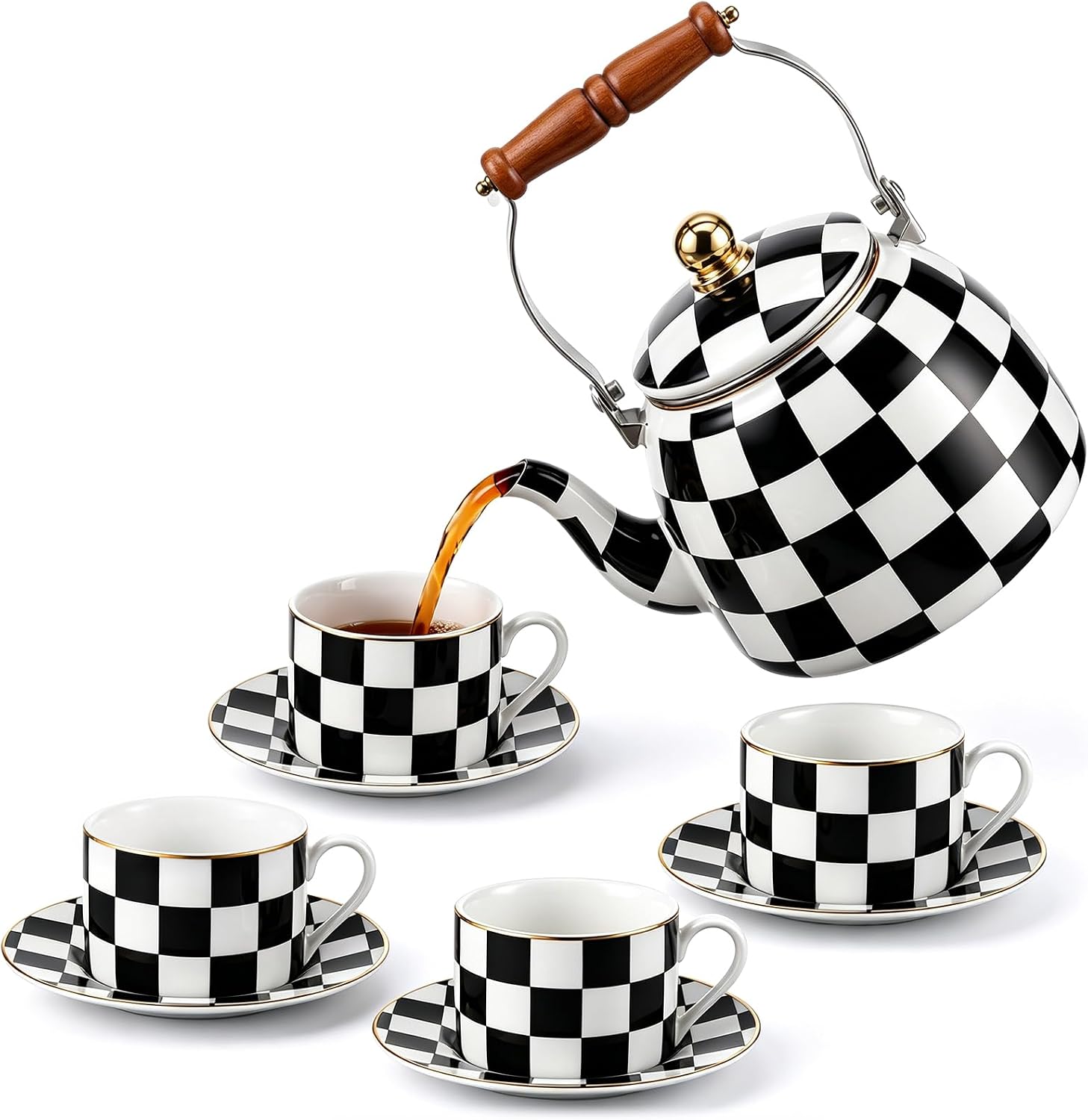 9 Pcs Checkered Teapot Set with Wooden Handle, Black and White Vintage