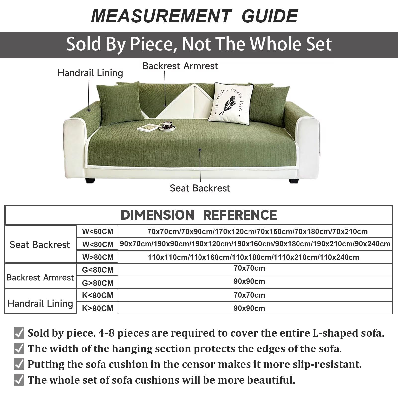 Sofa Überzug 1 2 3 4 Sitzer, Chenille Couch Überzug, Sofaschoner rutschfest, Sofabezug L Form, Sofadecken für Sitzfläche Washable, Grün, 90 x 160 cm