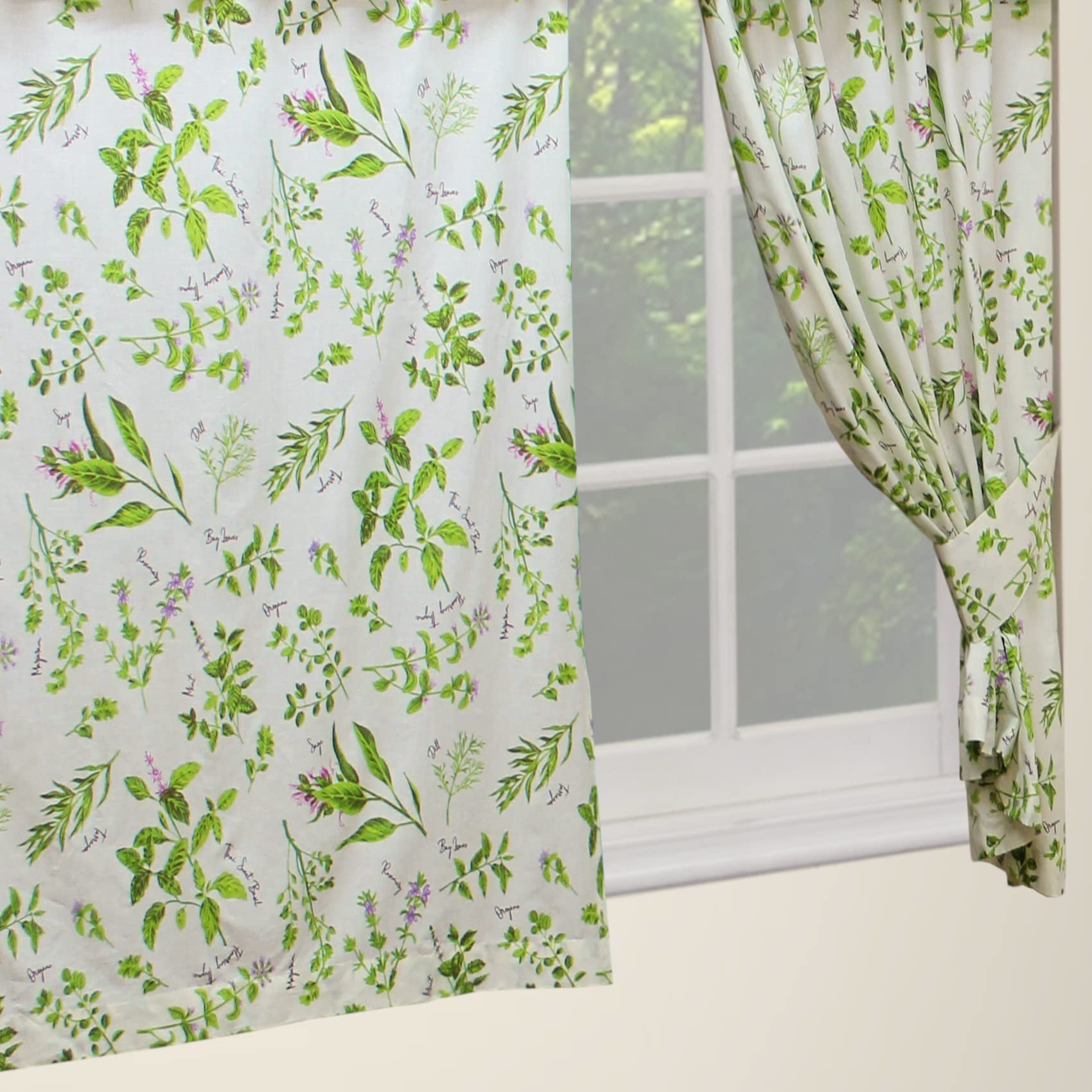 Herbs 46"" x 48"" Garden Thyme Flowers Cream Unlined Pencil Pleat Curtains