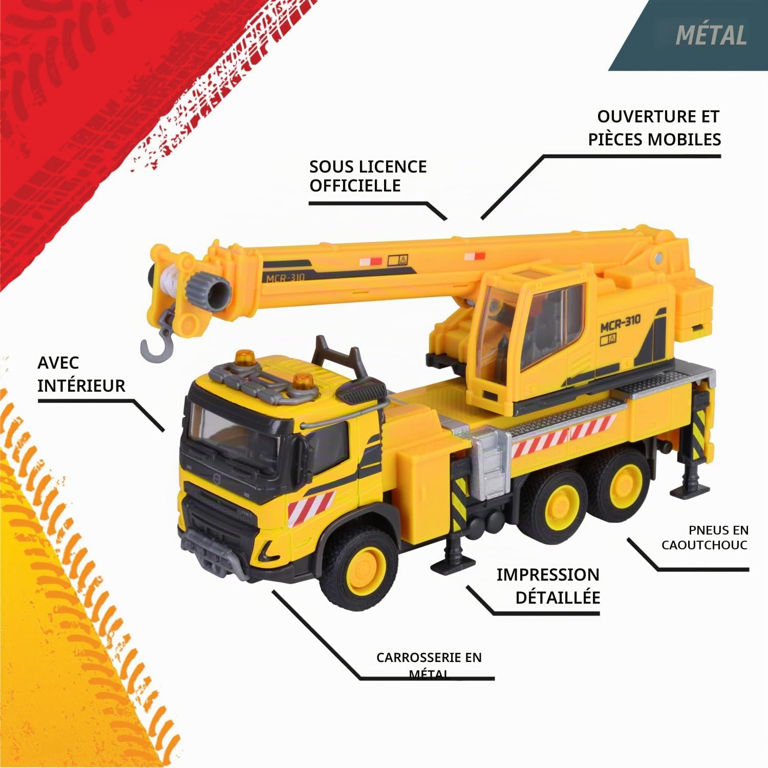 Majorette Volvo FMX Truck Crane (22 cm) - Grand véhicule de Chantier avec Bras de Grue Extensible, treuil, Roue Libre et Pneu en Caoutchouc - Jouet de Grue pour Enfants à partir de 3 Ans