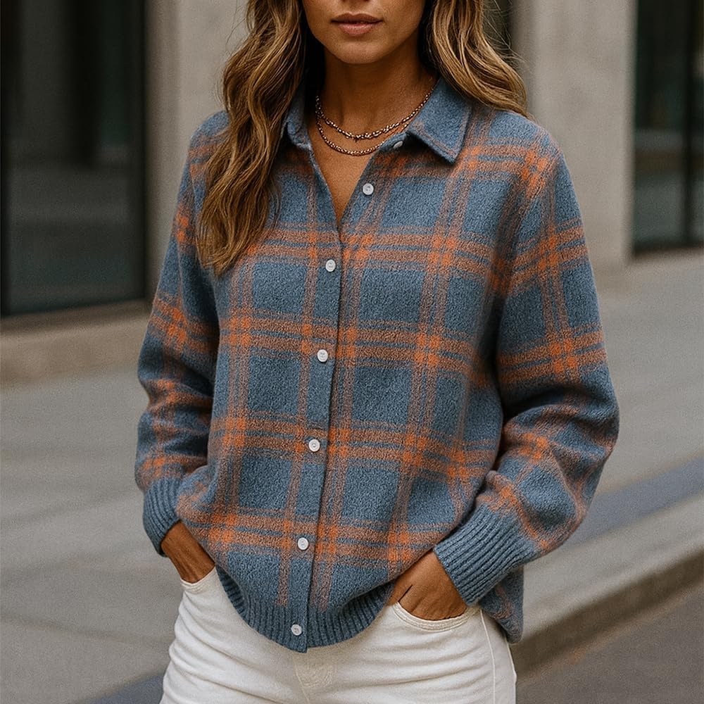 Women’s Plaid Print Buttoned Cardigan Sweater Soft Long-Sleeve Checkered Knitwear - Image 6